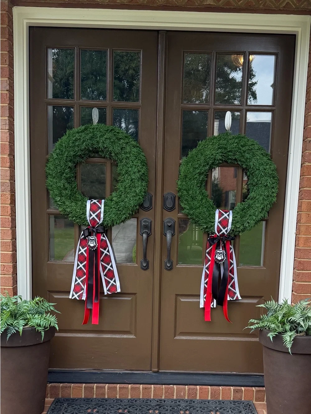 UGA Bulldogs decorated Evergreen Holiday Wreath with Red Plaid Ribbon